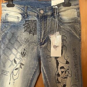 MNML Italian distressed graphic straight (Size 30) Blue Stretch-fit Jeans